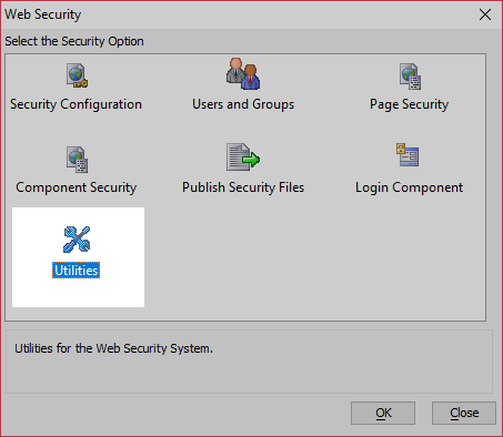 The Web Security Utilities Tool is opened by clicking 'Utilities' in the Web Security dialog.